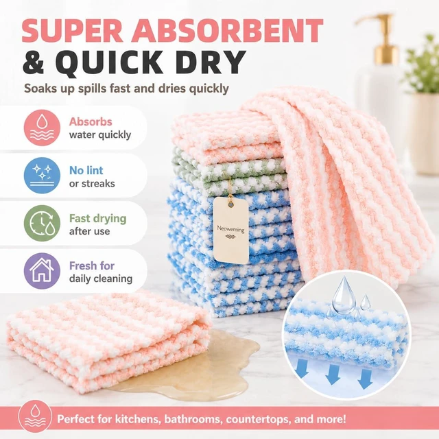 Alt view image 2 of 7 - 10PACK Kitchen Cleaning Cloths, Microfiber Dish Cloths: All-Purpose Washing/Soft/Lint Free/Absorbent/Quick Dry Reusable Washable Towels for Bathroom/Car/Glass, 10''x10'' - Mixcolor
