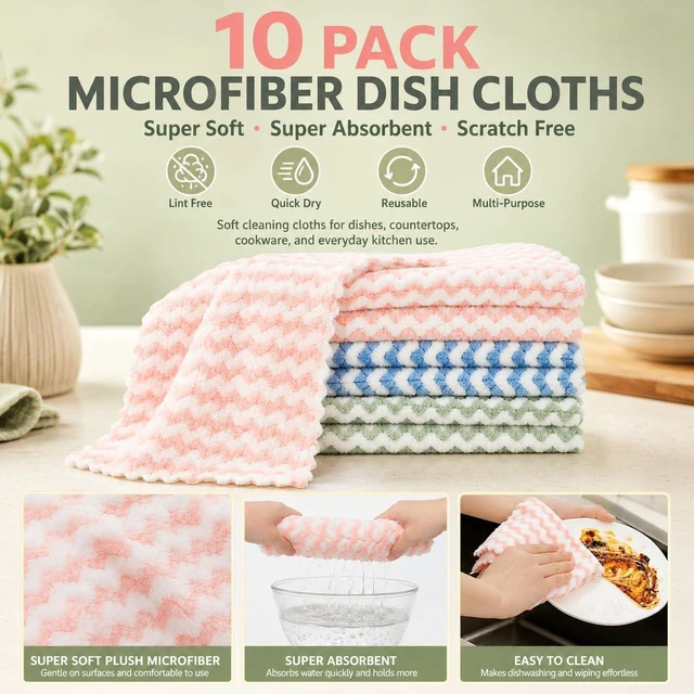 Alt view image 3 of 7 - 10PACK Kitchen Cleaning Cloths, Microfiber Dish Cloths: All-Purpose Washing/Soft/Lint Free/Absorbent/Quick Dry Reusable Washable Towels for Bathroom/Car/Glass, 10''x10'' - Mixcolor