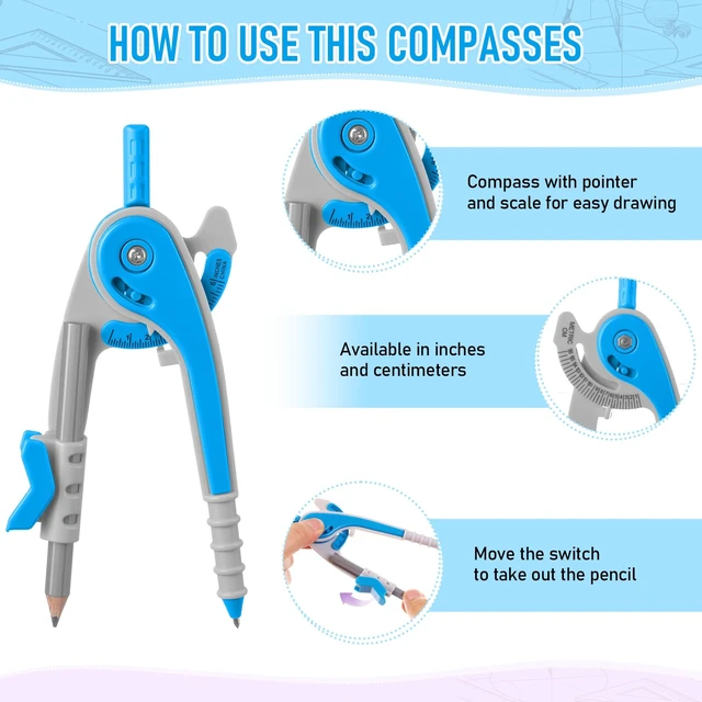 Alt view image 6 of 7 - Eboot Student Geometry Math Set, Drawing Compass and 6 in, Blue