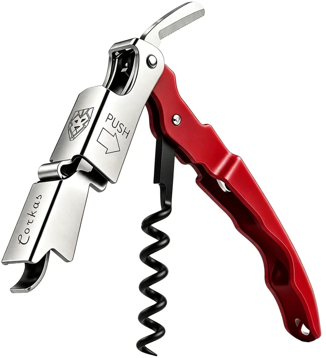 Main image of CORKAS Wine Key - Professional Handcrafted Heavy Duty Waiter Corkscrew, Compact Wine Opener with Double Hinged, Foil Cutter and Bottle Opener, Gifts for Servers, Sommelier, Bartenders - Red