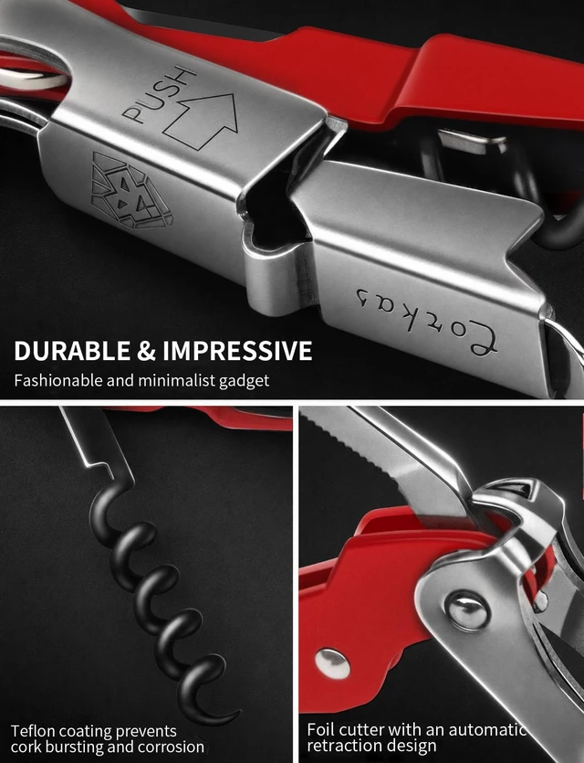Alt view image 5 of 7 - CORKAS Wine Key - Professional Handcrafted Heavy Duty Waiter Corkscrew, Compact Wine Opener with Double Hinged, Foil Cutter and Bottle Opener, Gifts for Servers, Sommelier, Bartenders - Red