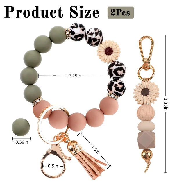 Alt view image 5 of 5 - 2PCS Bracelet Key Ring Set, Cute Car Key chain Wristlet, Silicone Beaded Bangle keyChains for Women Girls
