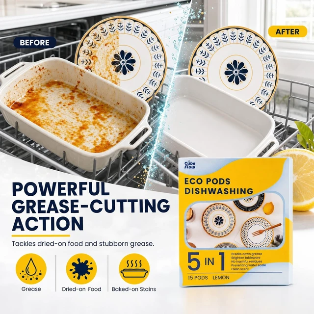 Alt view image 3 of 6 - ECO Dishwasher Pods 15 Count, with Glycerin & Enzymes (Protease, Amylase),Dishwasher Detergent Liquid dish pod for Powerful Cleaning, No Pre-Rinse, Fights 24-Hour Dried On Food, Plant-Based (15PODS)