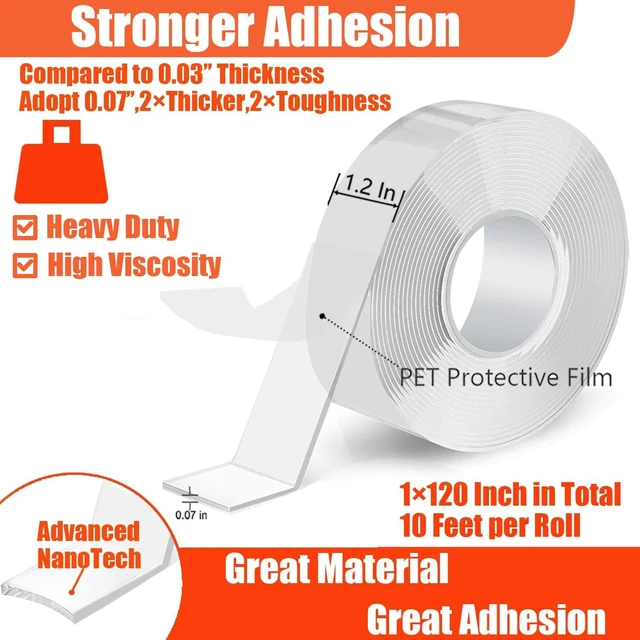 Alt view image 2 of 7 - Double Sided Heavy Duty Extra Strong Adhesive Tape - 1.2 Inch x 10 feet - Removable Nano Tape for Poster Carpet Picture Hanging Strip Rug Wall Outdoor - Adhesive Multipurpose Clear Mounting Tape