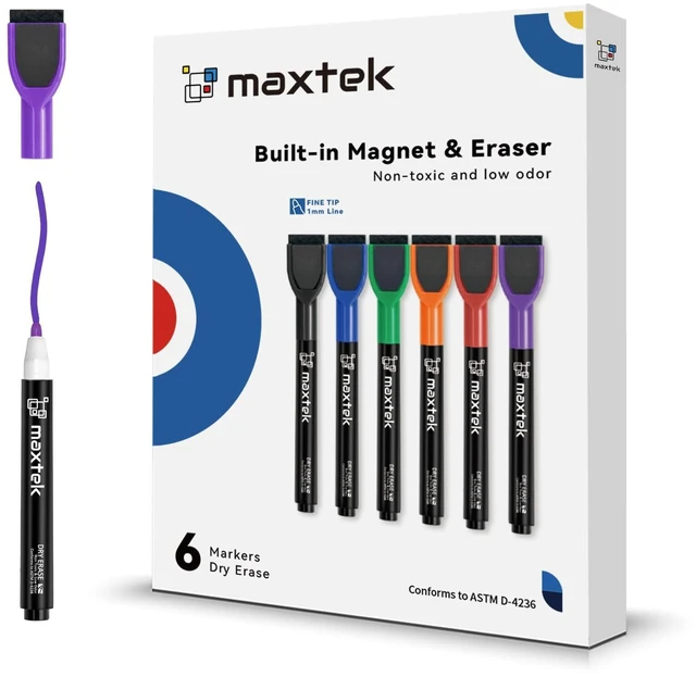 Main image of maxtek Dry Erase Markers - 6 Count Colorful Magnetic Dry Erase Markers Fine Tip with Eraser, Low Odor Whiteboard Markers for Calendar Boards
