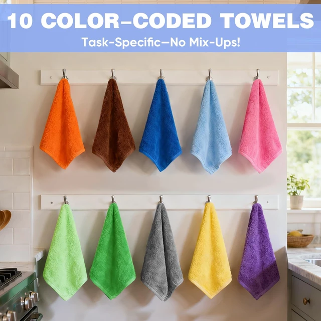 Alt view image 2 of 6 - TEAWOO 10 Colors Microfiber Cleaning Cloths, 10 Pack Assorted Cleaning Rags