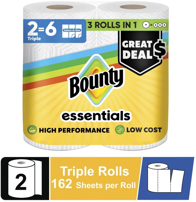 Main image of Bounty Essentials Paper Towels Select-A-Size, 2 Triple Rolls, White, 162 Sheets Per Roll