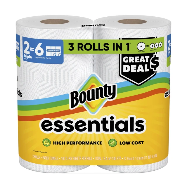 Alt view image 2 of 6 - Bounty Essentials Paper Towels Select-A-Size, 2 Triple Rolls, White, 162 Sheets Per Roll