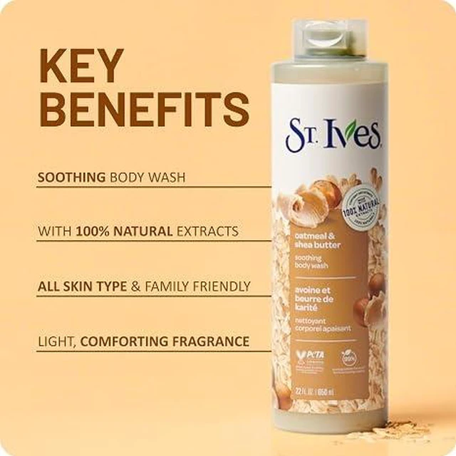 Alt view image 3 of 6 - St. Ives Oatmeal & Shea Butter Body Wash, Soothing Body Care with 100% Natural Extracts, Moisturizing Body Soap, Daily Shower Gel Cleanser with Comforting Warm Fragrance, 22oz