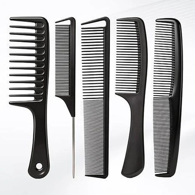 Main image of 5PCS Hair Comb Set - Professional Wide & Fine Tooth Rat Tail Combs for Men Women,Carbon Fiber Comb for Hair Cutting Styling Braiding Parting Teasing Tools(Black)