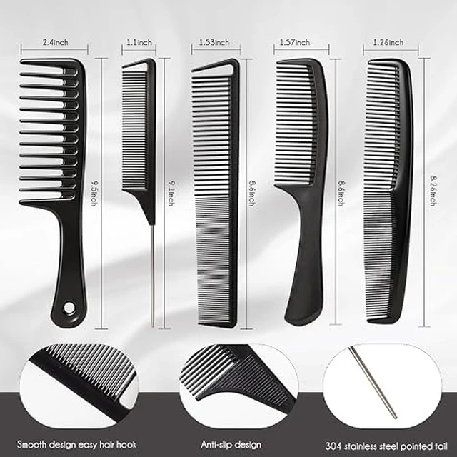 Alt view image 2 of 6 - 5PCS Hair Comb Set - Professional Wide & Fine Tooth Rat Tail Combs for Men Women,Carbon Fiber Comb for Hair Cutting Styling Braiding Parting Teasing Tools(Black)