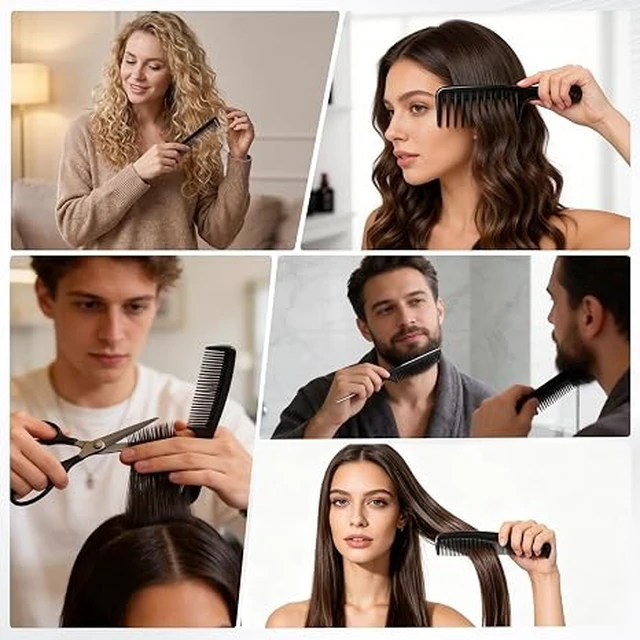 Alt view image 5 of 6 - 5PCS Hair Comb Set - Professional Wide & Fine Tooth Rat Tail Combs for Men Women,Carbon Fiber Comb for Hair Cutting Styling Braiding Parting Teasing Tools(Black)