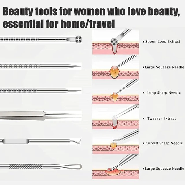Alt view image 3 of 6 - Pimple Popper Tool Kit, 6 Pcs Blackhead Remover Acne Needle Tools Set Removing Treatment Comedone Whitehead Popping Zit for Nose Face Skin Blemish Extractor Tool - Silver