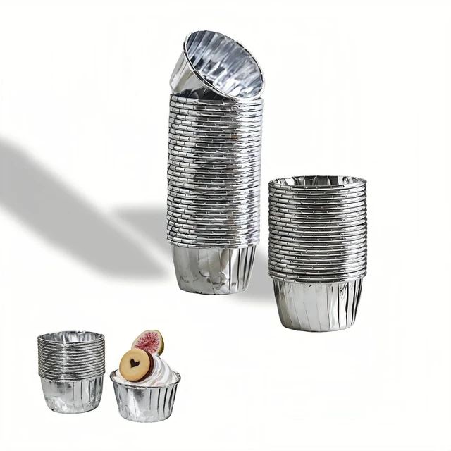 Main image of Aluminum Foil Muffin Cups 50 Pack - Disposable Baking Cups No Pan Needed, Oven Safe (428°F) for Cupcakes Muffins Ramekins, 3.5oz Silver Party Baking Cups, Easy Release (Standard Size 2.76 Top)