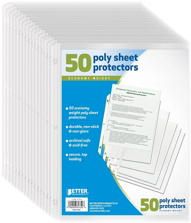 Main image of Better Office Products Clear Sheet Protectors, 50 Pack Sheet Protectors 8.5 x 11, Top Load Binder Sleeves for 3 Ring Binder, Durable Transparent Page Protectors for Office School Use