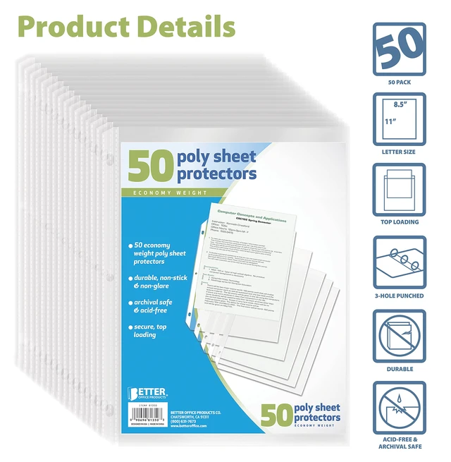 Alt view image 3 of 6 - Better Office Products Clear Sheet Protectors, 50 Pack Sheet Protectors 8.5 x 11, Top Load Binder Sleeves for 3 Ring Binder, Durable Transparent Page Protectors for Office School Use