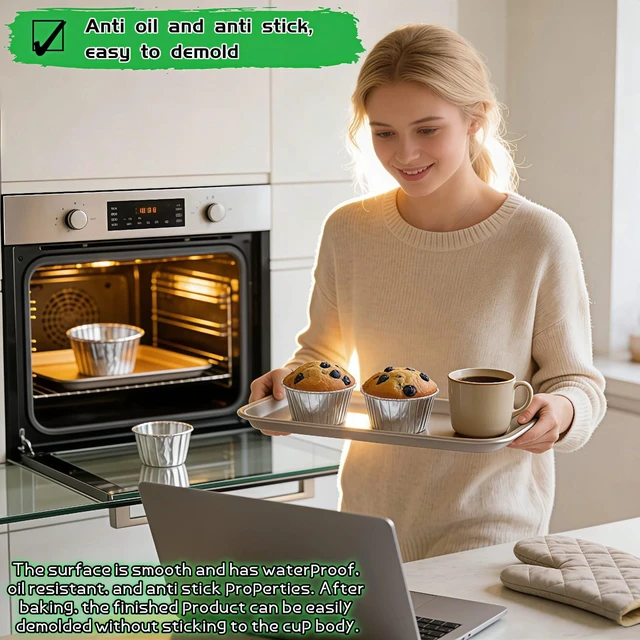 Alt view image 3 of 7 - Aluminum Foil Muffin Cups 50 Pack - Disposable Baking Cups No Pan Needed, Oven Safe (428°F) for Cupcakes Muffins Ramekins, 3.5oz Silver Party Baking Cups, Easy Release (Standard Size 2.76 Top)