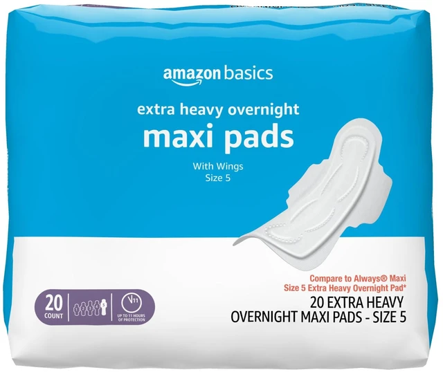 Main image of Amazon Basics Thick Maxi Pads with Wings for Periods, Extra Heavy Overnight Absorbency, Absorbent Core, Stay in Place Protection, Unscented, Size 5, 20 Count (Previously Solimo)