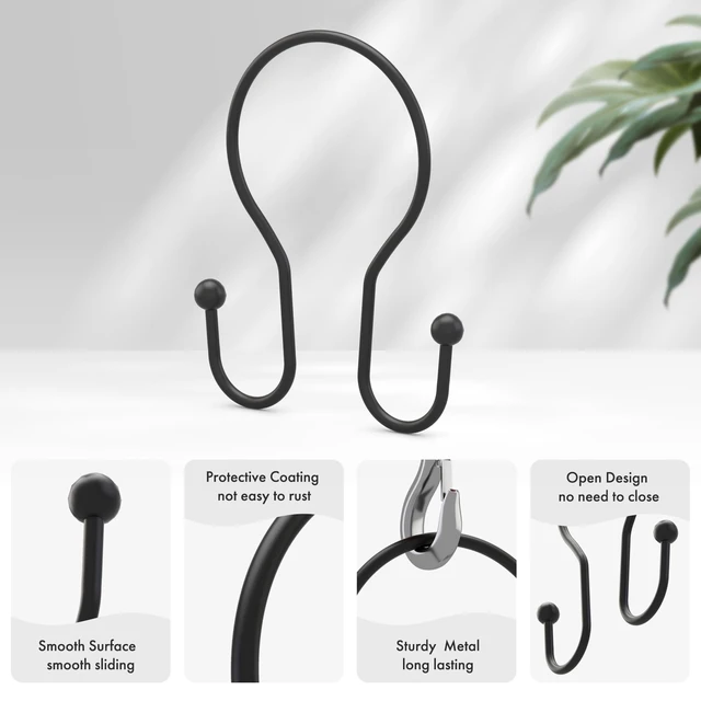 Alt view image 2 of 7 - AmazerBath Shower Curtain Hooks Black Shower Curtain Rings, Simple Double Hook Shower Curtain Hooks Rust Proof, Smooth Sturdy Metal Shower Hooks for Shower Curtain Rod, 12 Pcs Shower Rod Hooks