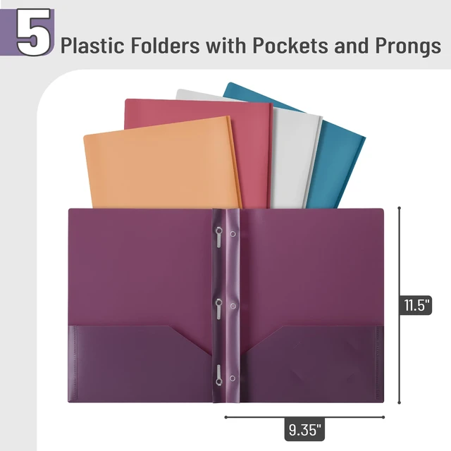 Alt view image 2 of 7 - Mr. Pen- Plastic Folders with Pockets and Prong, 5 Pack, Assorted Colors