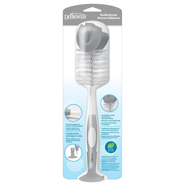 Alt view image 2 of 5 - Dr. Brown's Baby Bottle Brush with Suction Cup Stand, Sponge, Scrubber and Nipple Cleaner Gray, 1 Pack