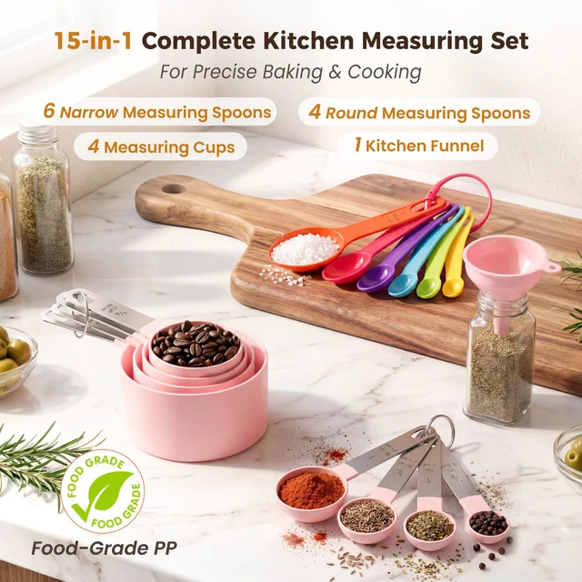 Alt view image 2 of 7 - THLHKD 15 Pcs Measuring Cups and Spoons Set, Measuring Spoons Set with Stainless Steel Handles, Measure Spoon and Cup for Liquid & Dry Ingredients, Cute Pink & Colorful