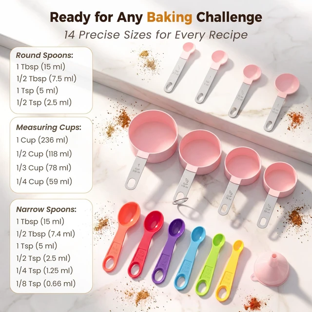 Alt view image 4 of 7 - THLHKD 15 Pcs Measuring Cups and Spoons Set, Measuring Spoons Set with Stainless Steel Handles, Measure Spoon and Cup for Liquid & Dry Ingredients, Cute Pink & Colorful