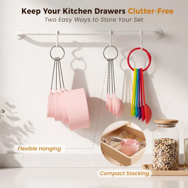Alt view image 7 of 7 - THLHKD 15 Pcs Measuring Cups and Spoons Set, Measuring Spoons Set with Stainless Steel Handles, Measure Spoon and Cup for Liquid & Dry Ingredients, Cute Pink & Colorful