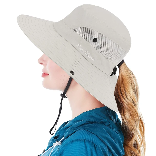 Alt view image 6 of 6 - Womens Sun-Hat Outdoor Protection Foldable Beach-Bucket-Hat Ponytail-Hole