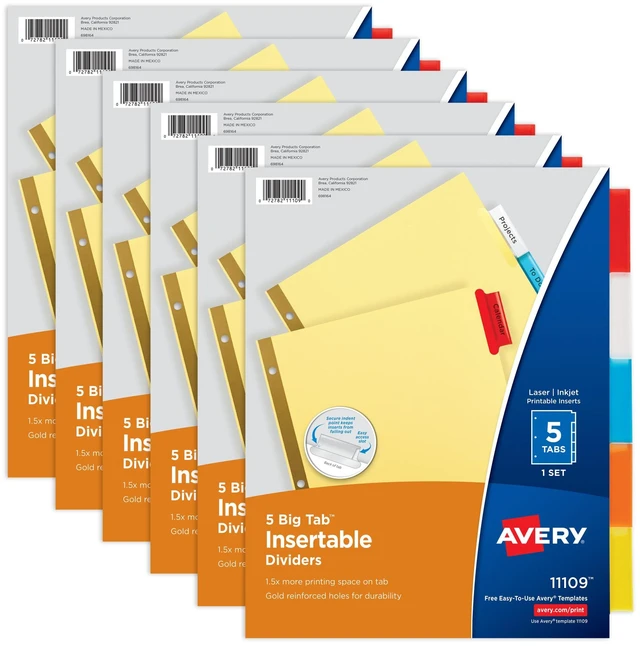 Main image of Avery® Paper Dividers, Insertable Big Tab, 5-Tab, Multicolor, 6 Sets