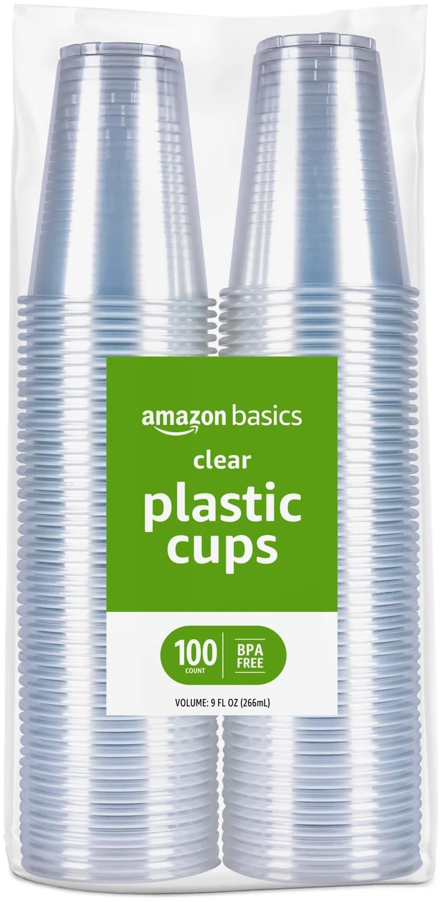 Main image of Amazon Basics Small Disposable Clear Plastic Cups, 9oz, 100 Count