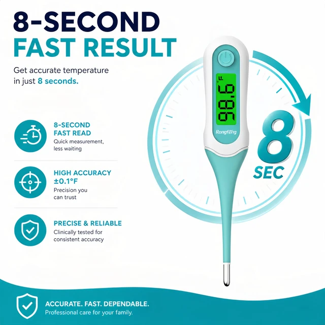 Alt view image 2 of 7 - Digital Oral Thermometer for Adults Kids, 8Second Fast Reading Soft Flexible Tip Thermometer, 3Color Backlight Fever Alarm, Waterproof, Oral Rectal Underarm Use,with Storage Case