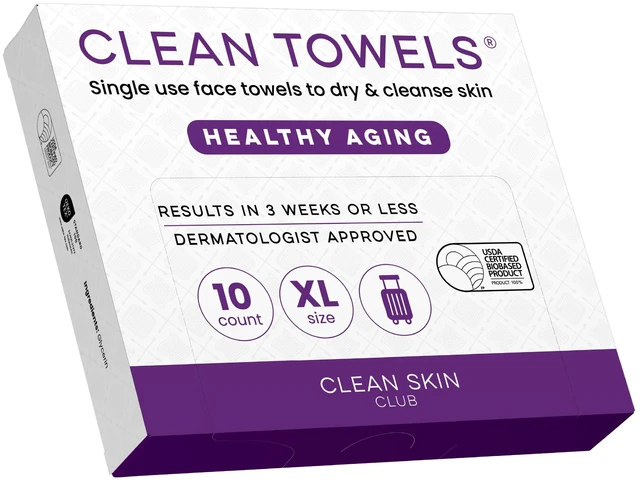 Main image of Clean Skin Club Healthy Aging Clean Towels® XL, Travel Pack, Smooths Fine Lines Wrinkles & Texture, Disposable Face Towels, Anti-Aging Dry Wipes, TSA-Approved Travel Essential (10 Count)