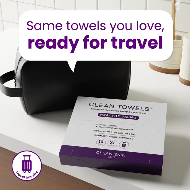 Alt view image 3 of 7 - Clean Skin Club Healthy Aging Clean Towels® XL, Travel Pack, Smooths Fine Lines Wrinkles & Texture, Disposable Face Towels, Anti-Aging Dry Wipes, TSA-Approved Travel Essential (10 Count)