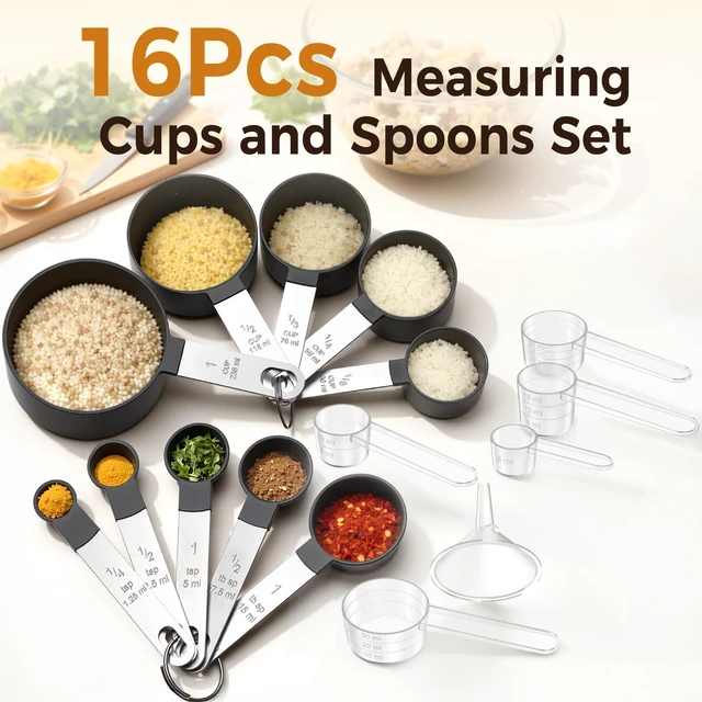 Alt view image 2 of 7 - 16PCS Measuring Cups and Spoons Set, Measuring Spoon Set with Metric and US Measurements, Fits for Measuring Dry and Liquid - Black