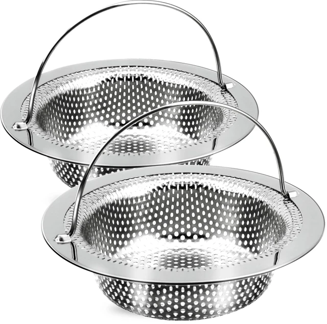 Main image of 2 Pack Kitchen Sink Drain Strainer with Handle, Stainless Steel Large Kitchen Sink Drain Basket Food Catcher, Outer Diameter 4.5 Inch, Rust Free