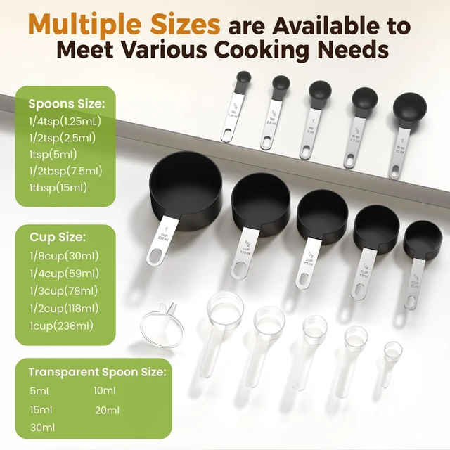 Alt view image 4 of 7 - 16PCS Measuring Cups and Spoons Set, Measuring Spoon Set with Metric and US Measurements, Fits for Measuring Dry and Liquid - Black