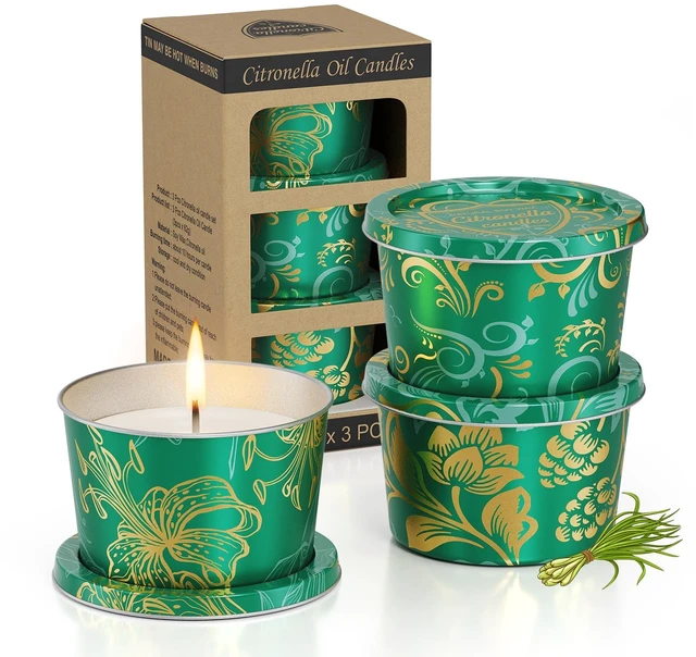 Main image of Portable Citronella Candles for Outdoor Patio - 3 Pack 2.2oz Travel Size Natural Soy Wax Candles in Shatterproof Tins, 30 Hours Total Burn Time for Camping, Fishing, Backyard Party & Deck Décor