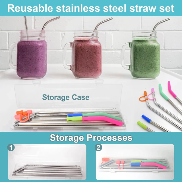 Alt view image 5 of 7 - Reusable Stainless Steel Straws Set 6 PCS with 6 Silicone Tips, 2 Straw Brush, 1 Storage Case, Different Sizes of Metal Straws Reusable, Suitable for 14, 20, 30 oz Cups Tumbler, for Hot/Cold Drinks