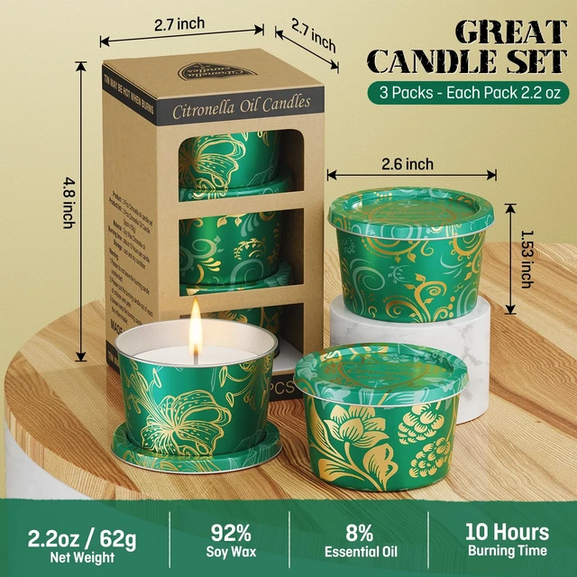 Alt view image 2 of 7 - Portable Citronella Candles for Outdoor Patio - 3 Pack 2.2oz Travel Size Natural Soy Wax Candles in Shatterproof Tins, 30 Hours Total Burn Time for Camping, Fishing, Backyard Party & Deck Décor