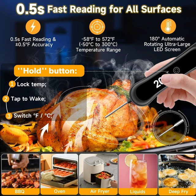 Alt view image 2 of 6 - Food Thermometer Digital, Instant Read Meat Thermometer with Backlight & Foldable Probe, Waterproof Kitchen Cooking Thermometer for Grill, BBQ, Deep Fry, Candy, Milk, Coffee
