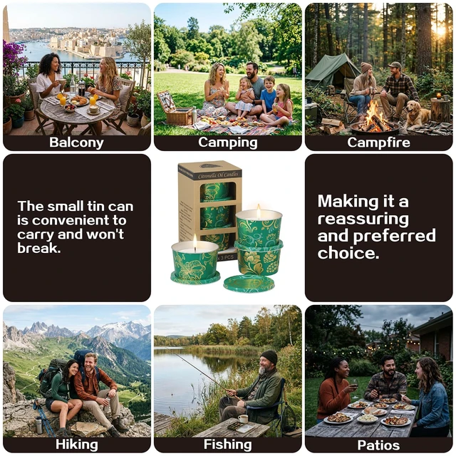 Alt view image 7 of 7 - Portable Citronella Candles for Outdoor Patio - 3 Pack 2.2oz Travel Size Natural Soy Wax Candles in Shatterproof Tins, 30 Hours Total Burn Time for Camping, Fishing, Backyard Party & Deck Décor
