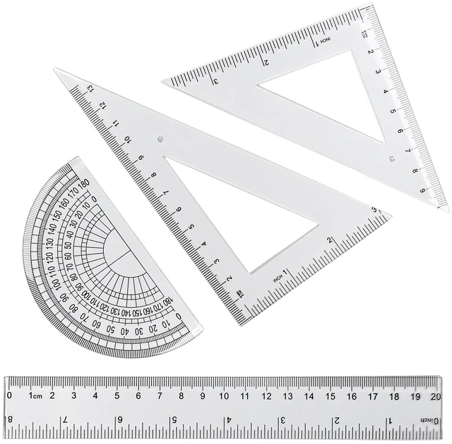Main image of 4 Pcs Math Geometry Set, Transparent Plastic Geometry Kit Includes Protractor, Straight Ruler, Triangle Ruler, Clear Measuring Tools, Drafting Ruler for School and Office Supplies