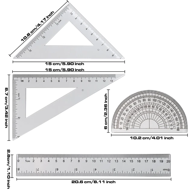 Alt view image 2 of 7 - 4 Pcs Math Geometry Set, Transparent Plastic Geometry Kit Includes Protractor, Straight Ruler, Triangle Ruler, Clear Measuring Tools, Drafting Ruler for School and Office Supplies