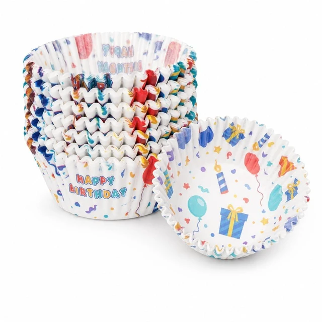Main image of 200 Paper Cupcake Liners, Muffin Liners or Baking Cups for Desserts, Muffins, Cupcakes and More Treats; Grease Proof, No Smell, Food Grade, Nut Serving Containers (Birthday)