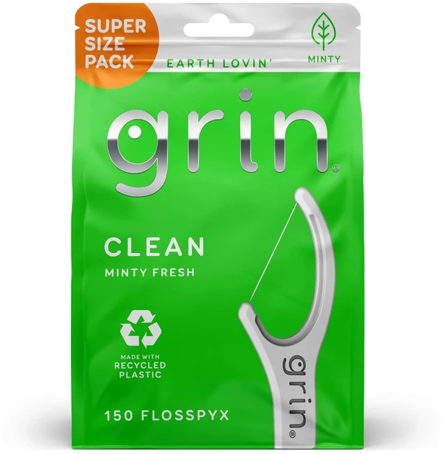 Main image of GRIN Clean Flosspyx, Floss Picks, 150 Count, Dental Flossers, Minty Flavor, Recycled Plastic, Super Strong Fine Floss, Tight Teeth, Premium Longer Floss Head, Includes Safe Fold-Back Tooth Pick
