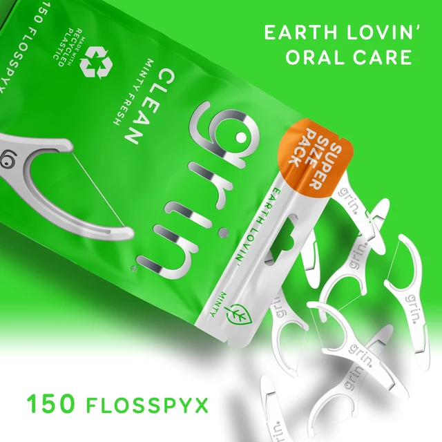 Alt view image 2 of 7 - GRIN Clean Flosspyx, Floss Picks, 150 Count, Dental Flossers, Minty Flavor, Recycled Plastic, Super Strong Fine Floss, Tight Teeth, Premium Longer Floss Head, Includes Safe Fold-Back Tooth Pick