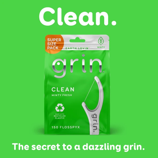 Alt view image 4 of 7 - GRIN Clean Flosspyx, Floss Picks, 150 Count, Dental Flossers, Minty Flavor, Recycled Plastic, Super Strong Fine Floss, Tight Teeth, Premium Longer Floss Head, Includes Safe Fold-Back Tooth Pick