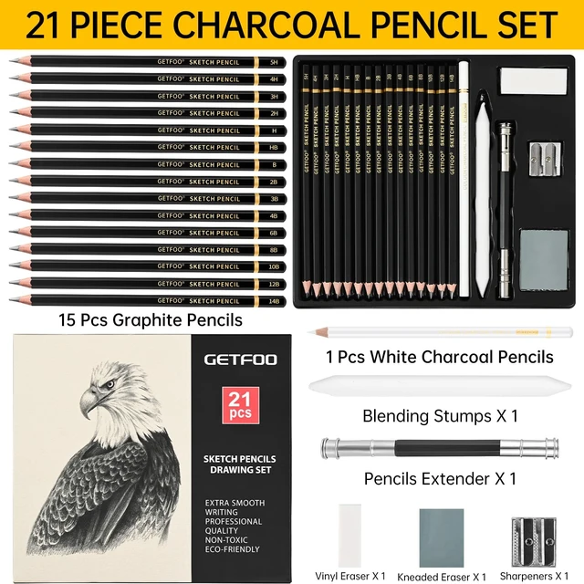 Alt view image 2 of 7 - 21pc Drawing Sketching Pencil Set Graphite 14B-5H & Charcoal Pencils