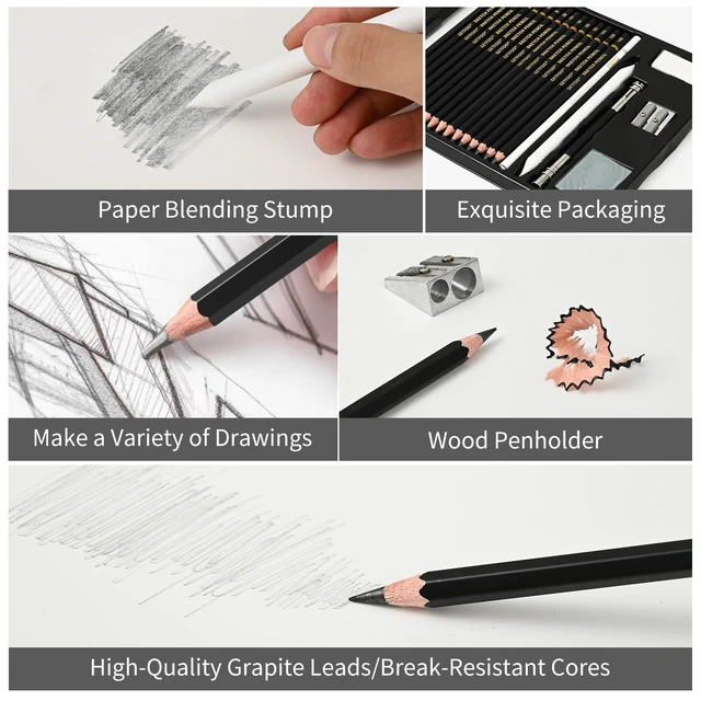 Alt view image 3 of 7 - 21pc Drawing Sketching Pencil Set Graphite 14B-5H & Charcoal Pencils
